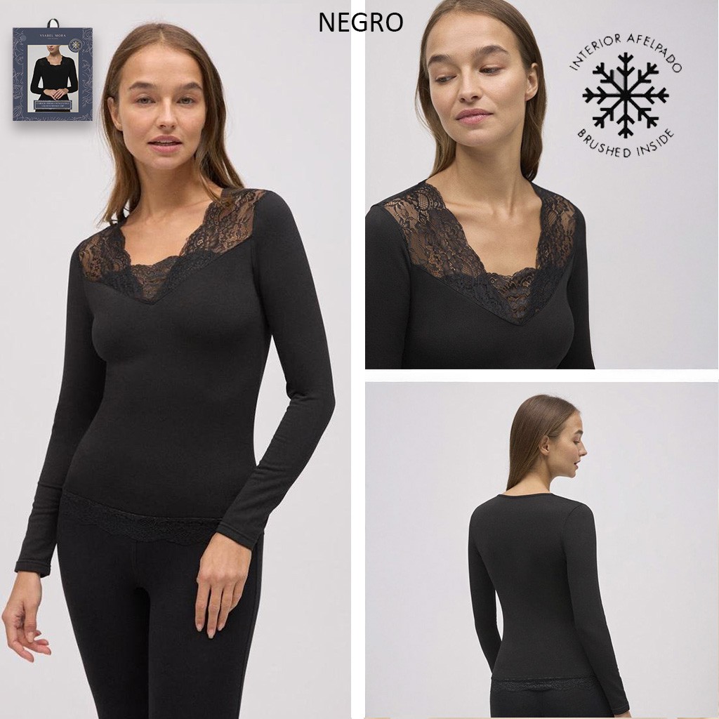 Camiseta cuello pico encaje manga larga termal