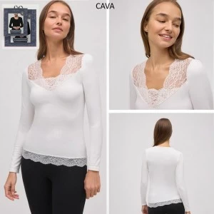 Camiseta cuello pico encaje manga larga termal