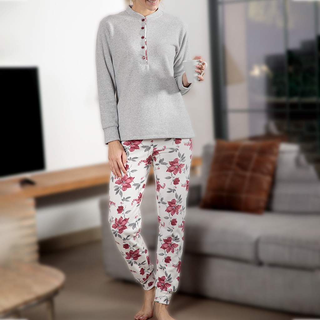 Pijama mujer manga larga cuello botones