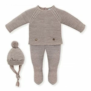 Conjunto bebe de punto con gorro y pomp&oacute;m