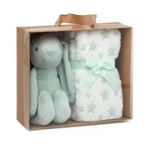 Peluche conejo orejotas verde con manta estrellas