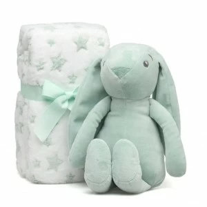 Peluche conejo orejotas verde con manta estrellas