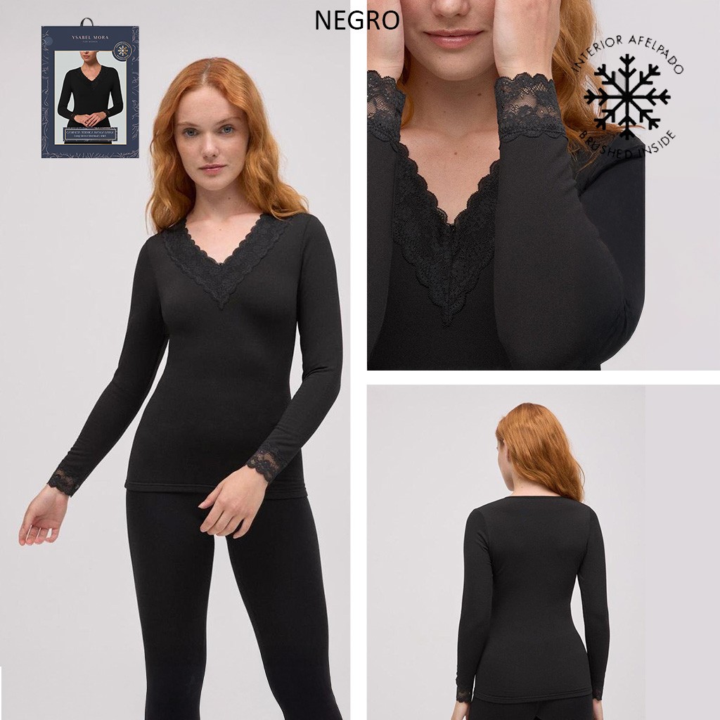 Camiseta termal cuello pico y puño de puntilla 