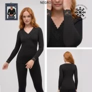 Camiseta termal cuello pico y pu&ntilde;o de puntilla 