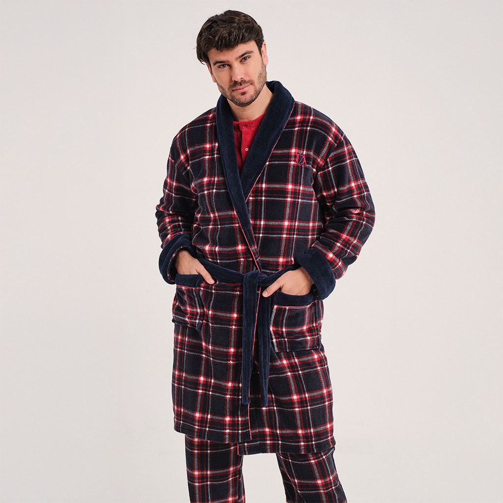 Bata hombre cruzada con cinturón cuadros