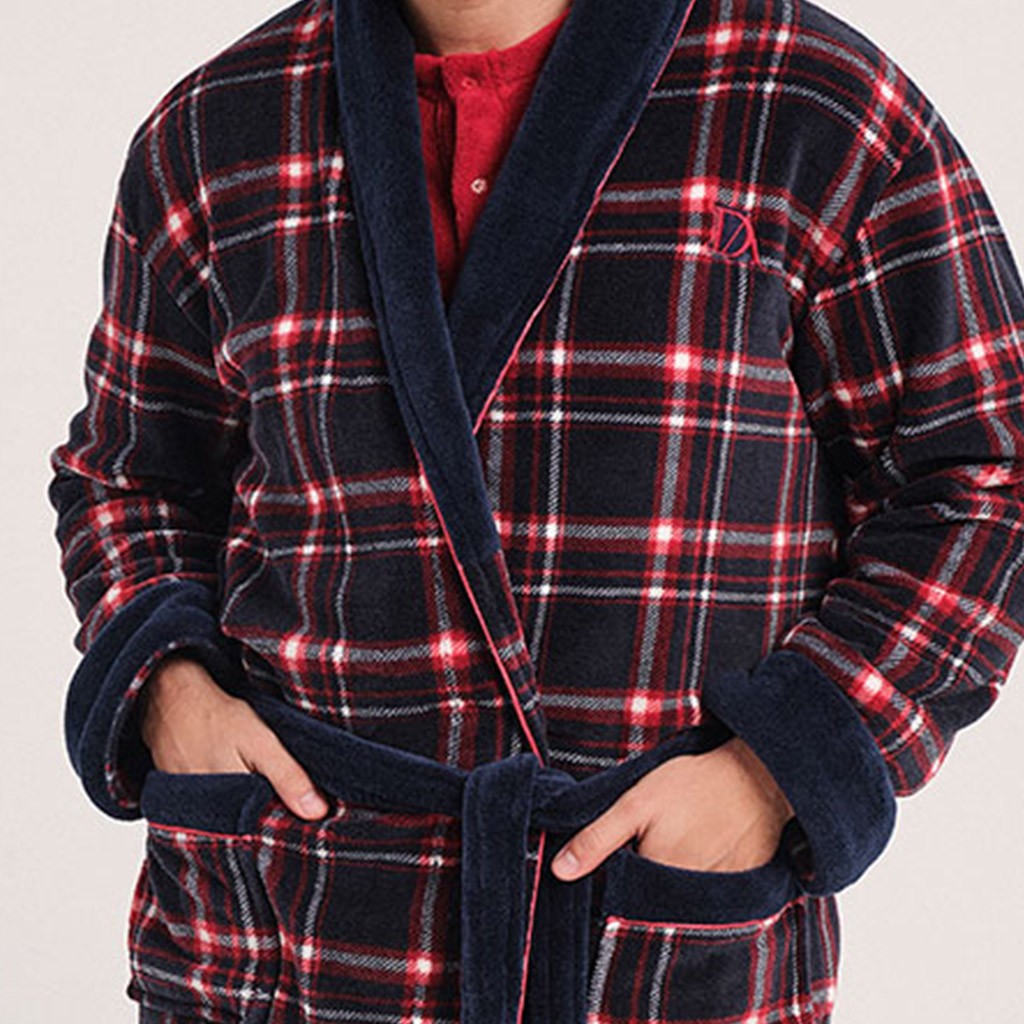 Bata hombre cruzada con cinturón cuadros