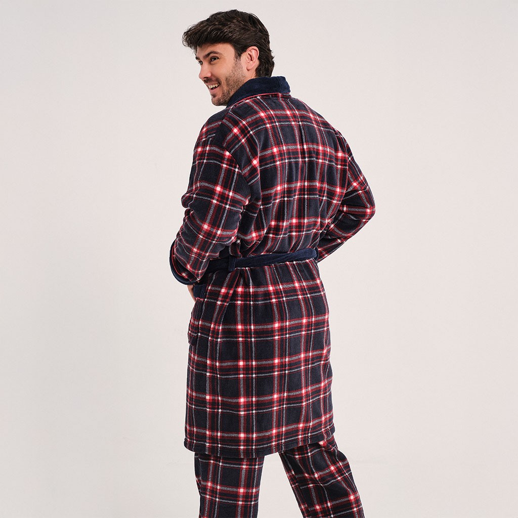 Bata hombre cruzada con cinturón cuadros