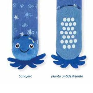 Calcet&iacute;n bebe antideslizante con sonajero caritas