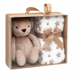 Peluche conejo orejotas marron con manta estrellas