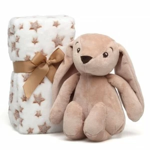 Peluche conejo orejotas marron con manta estrellas